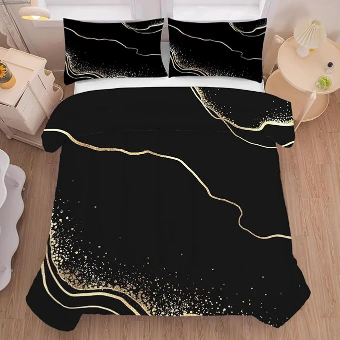 Casual Marble Bedding Set King Size Black and Gold Comforter for Men Women Girls Boys Bedroom Decor Texture Luxury Marbling Quilt Bed Sets 1 Comforter 2 Pillowcases Advanced