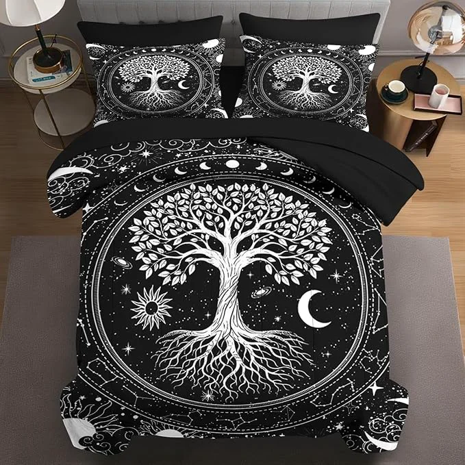 Elite 7 Pcs Queen Size Comforter Set with 2 Pillowcases amp 2 Shams Black Gothic Tree of Life Bedding for Kids and Adults Nature Sun and Moon Bed in a Bag with Flat Fitted Sheet Reliable