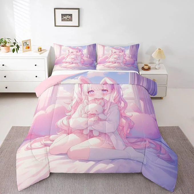 Sophisticated Erosebridal Romance Girly Comforter Set for Kids Boys Girls Anime Girl Bedding Japanese Girl Duvet Set Cute Cartoon Bear Comforter Twin with 1 Pillowcase Solid