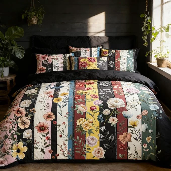 Convenient Vintage Black Floral King Size Bed in A Bag for Girls 7Pcs Stripe Patchwork Comforter Set for Farmhouse Country Bedroom Decor Black Botanical Quilted Bedding with 2 Pillowcases 104 quot x90 quot Safe