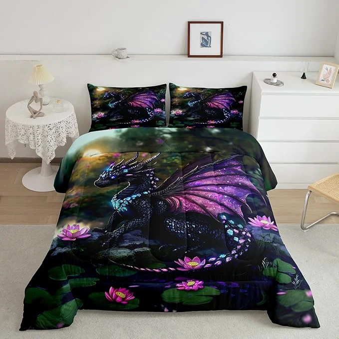 Exclusive Feelyou Dragon Comforter Set King Size Dragon Stuff Comforter for Boys Girls Teens Wild Life Bedding Set Lotus Flower Duvet Set Room Decor Green Purple Quilt Set Fine Crafted