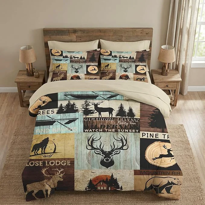 Optimized 7 Pcs Full Size Comforter Set with 2 Pillowcases amp 2 Shams Pine Animal Hunting Deer Bedding for Kids and Adults Bear Wolf Tree Woodboard Bed in a Bag with Flat Fitted Sheet Original Design