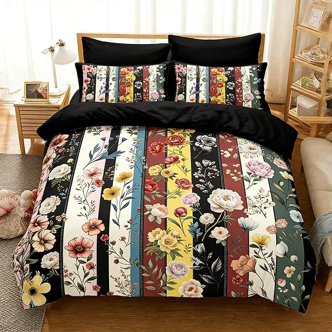 Consistent Vintage Black Floral Comforter Set Full for Girls 3Pcs Stripe Patchwork Bedding Set for Women Farmhouse Country Botanical Floral Quilted Comforter with 2 Pillowcases 79 quot x90 quot Detailed
