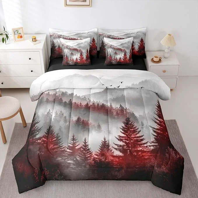 Superior Erosebridal Foggy Mountain Twin Bed in A Bag 7 Piece Green Forest Pine Tree Comforter Set with Sheets Nature Misty Woodland Bedding Sets for Kids Adults Flying Bird Bed Set Secure