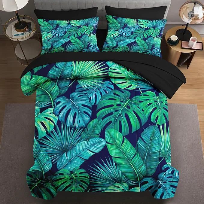 Efficient 5 Pcs Twin Size Comforter Set with Pillowcase amp Sham Palm Leaf Bedding for Kids and Adults Turquoise Green Tropical Bed in a Bag with Flat Fitted Sheet Clean