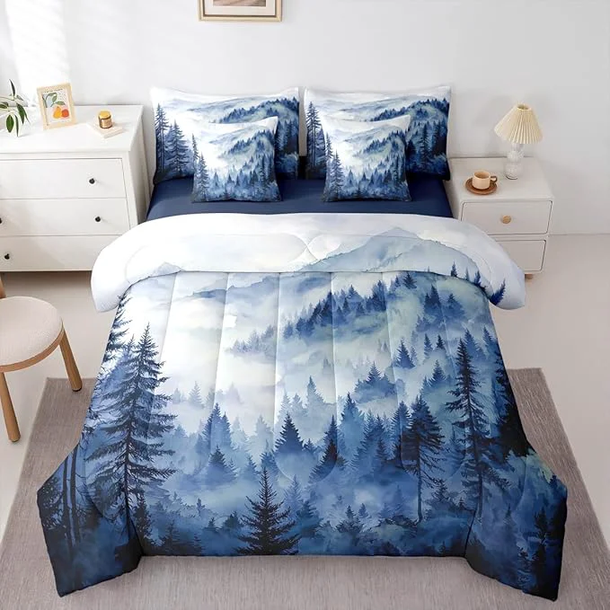 Classic Erosebridal Blue Misty Forest Twin Bedding Set 7 Piece Mountain Foggy Woodland Bed in A Bag with Sheets Rustic Pine Tree Comforter Set for Kids Adults Watercolor Nature Theme Bed Sets Fashionable