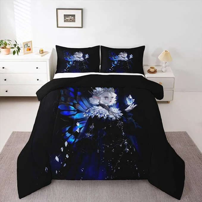 Safe Erosebridal Gothic Girls Comforter Set for Kids Boys Girls A Girl Wearing A Crown Bedding Butterfly Diamond Feather Print Duvet Set Coquette Princess Comforter Full with 2 Pillowcases Carefully Designed