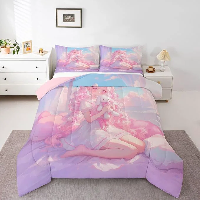 Premium Erosebridal 3D Japanese Girl Bedding Sets King - Romance Style Comforter Set for Kids Adults Japanese Anime Girly Duvet Insert Anime Gifts Quilt Efficient