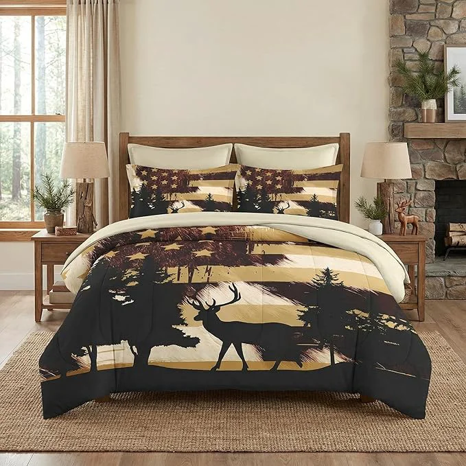 Efficient 7 Pcs Queen Size Comforter Set with 2 Pillowcases amp 2 Shams Retro Hunting Deer Bedding for Kids and Adults American Flag Animal Bed in a Bag with Flat Fitted Sheet Flexible