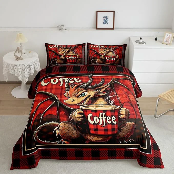 High-Grade Feelyou Dragon Comforter Set Full Size Dragon Stuff Comforter for Boys Girls Teens Coffee Bedding Set Dragon Decor Duvet Set Room Decor Red Brown Quilt Set Breathable
