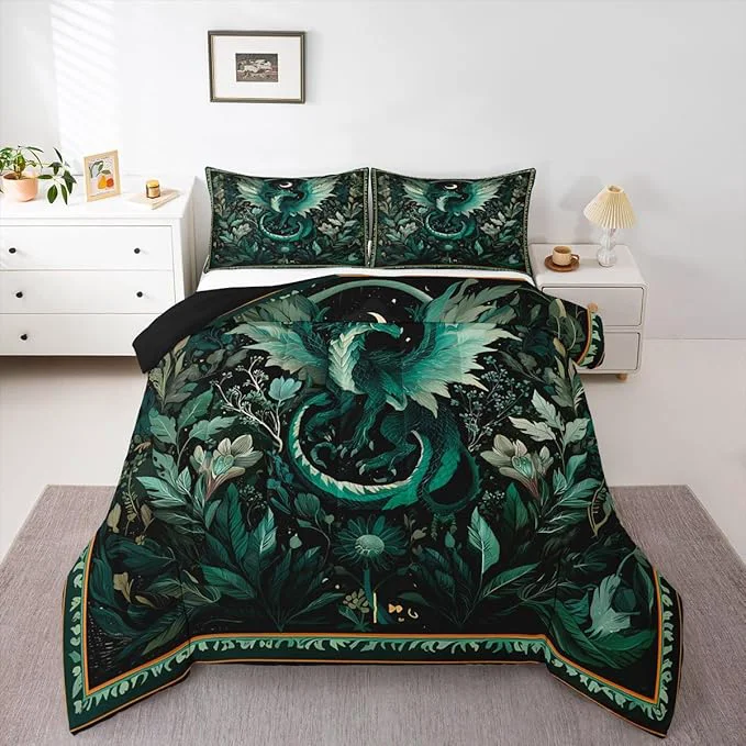 Pure Feelyou Dragon Comforter Set All Season Dragon Stuff Bedding Set with 2 Pillow Cases Wild Life Kids Full Bedclothes Wildlife Bedroom Decor Greenish Duvet Quilt Breathable Soft Practical