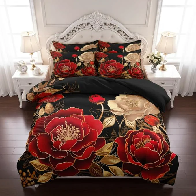 Fine Black and Red Comforter Set Girls King Size Vintage Floral Bedding 3 Pcs Luxury Botanical Flower Quilted Comforter for Elegant Women Bedroom Decor Red Gold 104 quot x90 quot Official