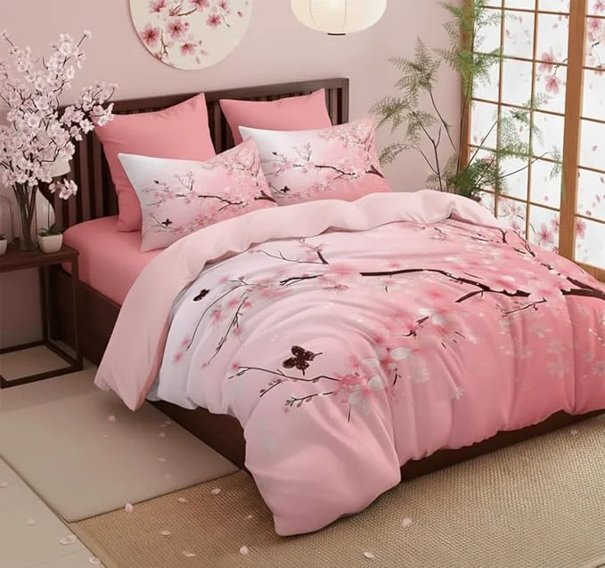 Environmentally Friendly Japanese Bedding Set King Size Pink Flower Comforter Set 3Pcs Cherry Blossom Quilted Bed Set with 2 Pillowcases for Girls Women All Season 104 quot x90 quot Responsible