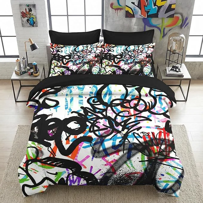 Breathable 7 Pcs Full Size Comforter Set with 2 Pillowcases amp 2 Shams Urban Modern Fashion Bedding for Kids and Adults Abstract Graffiti Bed in a Bag with Flat Fitted Sheet Refined