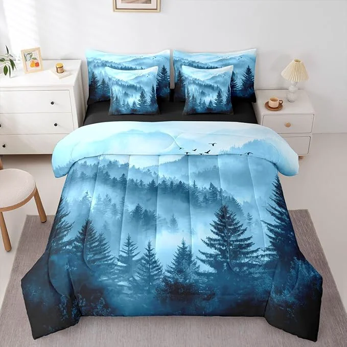 Modern Erosebridal Foggy Mountain Twin Bedding Set 7 Piece Blue Forest Pine Tree Bed in A Bag with Sheets Nature Misty Woodland Comforter Set for Kids Adults Flying Bird Bed Sets Premium