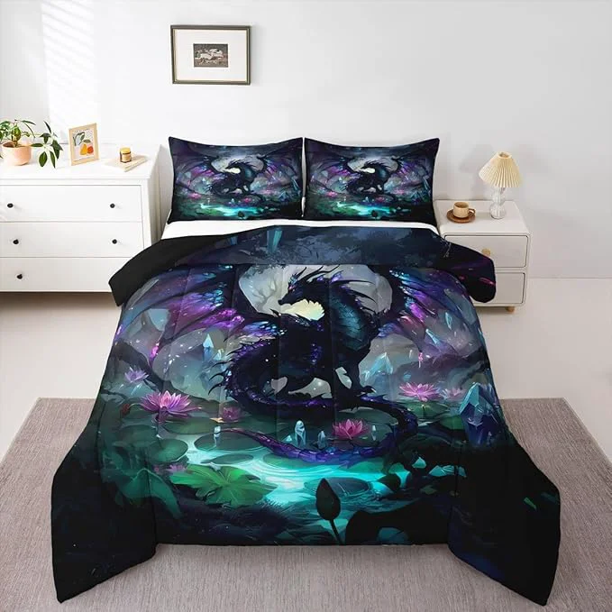 Versatile Feelyou Dragon Comforter Set King Size Dragon Stuff Bedding Set for Kids Boys Girls Wild Life Duvet Quilt Wildlife Bedroom Decor Black Purplish 3 Pcs with 2 Pillow Cases Safe