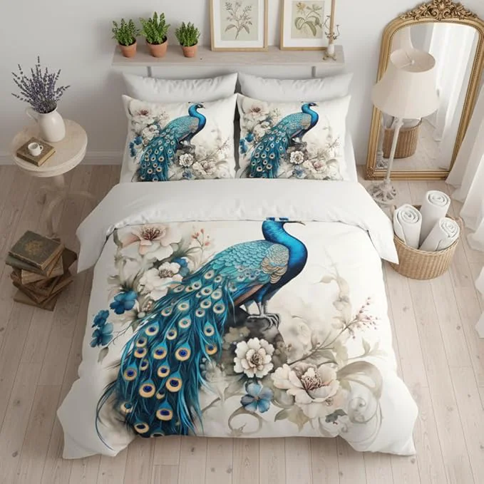 Unique Teal Peacock Comforter Set Queen Size Elegant Birds Flower Bedding Set for Women Girls Watercolor Floral Decor Comforter 3Pieces Ultar Soft Fluffy Quilt with 2 Pillowcases 90 90 Natural