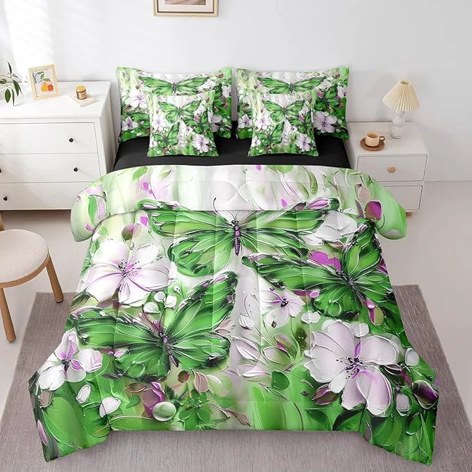 Unique Erosebridal Green Butterfly 7 Piece Bed in A Bag Full White Flowers Oil Painting Boho Comforter Set Retro Hippie Floral Butterfly Bedding Set for Girls Women Aesthetics Bohemian Bed Set Luxury