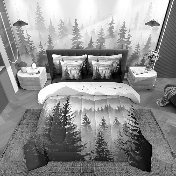 Trendy Erosebridal 7 Piece Black Grey Full Comforter Set with Sheets Smoky Mountain Forest Bed in A Bag Rustic Woodland Pine Trees Bedding Sets for Kids Boys Adults Men Nature Landscape Bed Set Original Design