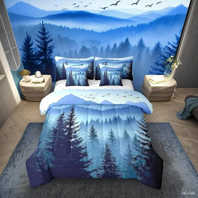 Reusable Erosebridal Dark Blue Twin Comforter Set with Sheets Mountain Pine Tree Forest Bedding Sets 7 Piece Rustic Woodland Nature Landscape Bed in A Bag for Kids Boys Teen Men Soft Lightweight Bed Set Long-Lasting
