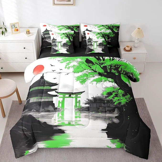 Pure Erosebridal Japanese 7 Piece Bed in A Bag Queen Sun Cherry Blossom Comforter Set with Sheets Watercolor Black Green Pavilions Mountain Sakura Floral Bedding Set for Kids Adults Chinese Ink Bed Set Proven