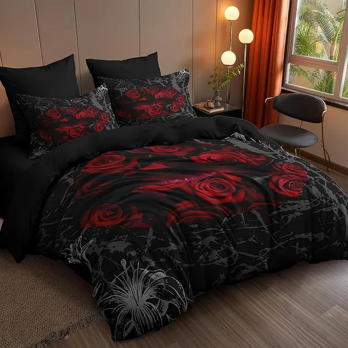 Optimized Gothic Black Rose Bedding Set Full Size Red Sexy Lip Comforter Set for Girls Women 3 Pieces Soft Fluffy Microfiber with 2 Pillowcases 79 quot x90 quot Quality