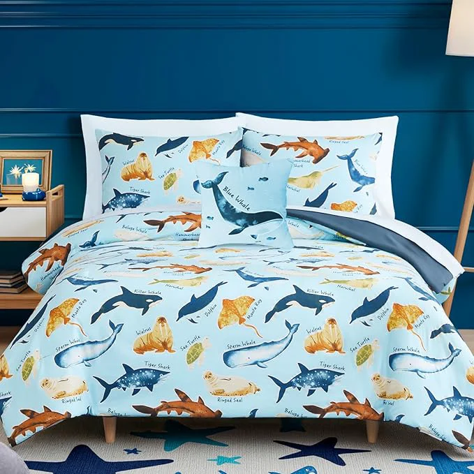 Easy-to-Use Kids Comforter Set Full Size for Boys Glow in The Dark Sea World Bedding Set 1 Comforter 1 Decor Pillow 2 Pillow Shams Green