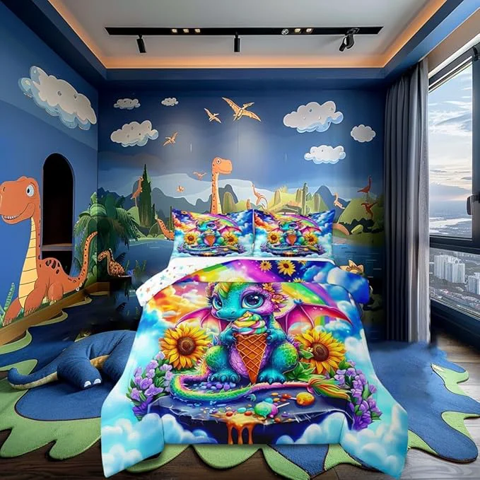 Green Cartoon Dragon Comforter Set Toddler Size 2 Pcs Watercolor Sunflower Flowers Bedding Set Ice Cream Dessert Colorful Sky Quilt Set for Child Bedroom Duvet Insert 1 Pillowcase Professional