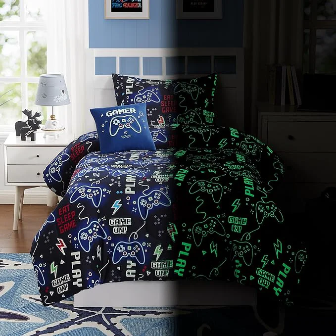 Environmentally Friendly Kids Comforter Set Full Size for Boys Glow in The Dark Gamer Bedding Set 1 Comforter 1 Decor Pillow 2 Pillow Shams Reliable