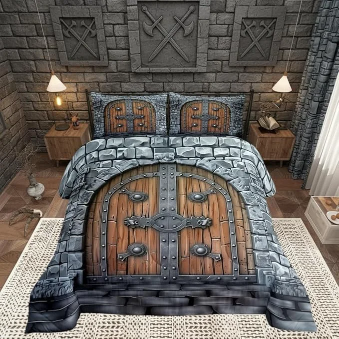 Dependable Castle Walls Comforter Set with 2 Pillowcases Medieval Themed Super Soft Microfiber Bedding Set for Adults Teens Knight Wall Duvet Set for Room Decor King Casual