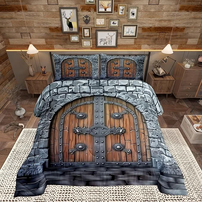Consistent Castle Walls Comforter Set Toddler Size 2 Pcs Medieval Themed Bedding Set Knight Wall Quilt Set for Child Bedroom Duvet Insert 1 Pillowcase Reusable