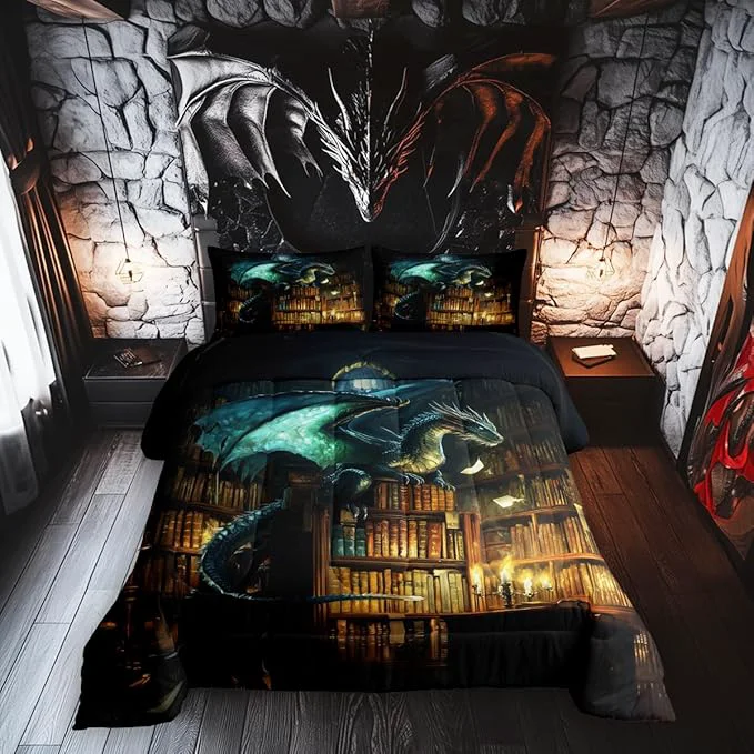 Crafted Dragon Bed Comforter Set Queen Size Castle Bookshelf Super Soft Microfiber Bedding Set for Adults Men Mysterious al Theme Decorative Comforter Set 3 Pcs Practical