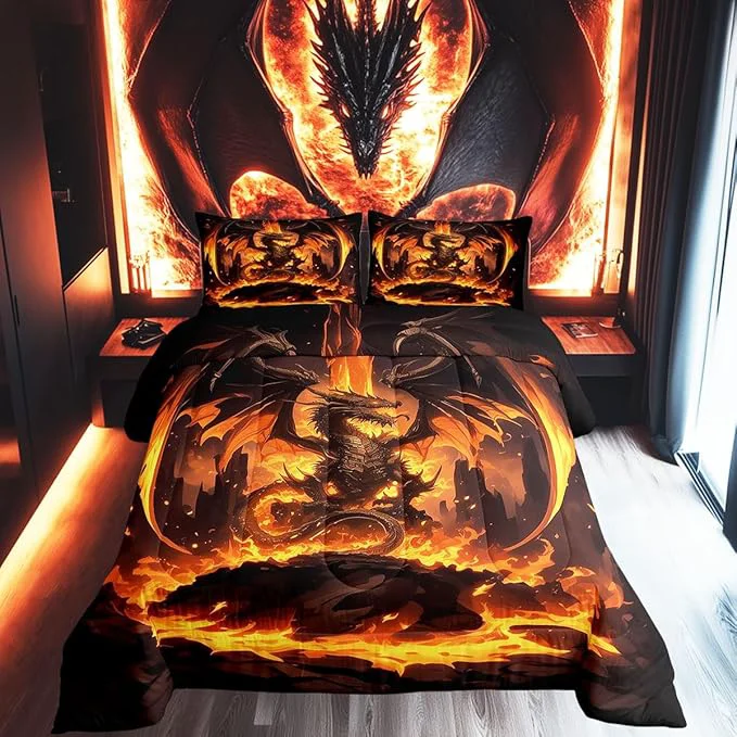 Certified Castle Fairy Dragon Boys Kids Comforter Set Full Size Orange Fire Western Animals Duvet Set Room Decor Flames Dragon Brushed Microfiber Soft Bedding Comforter Proven