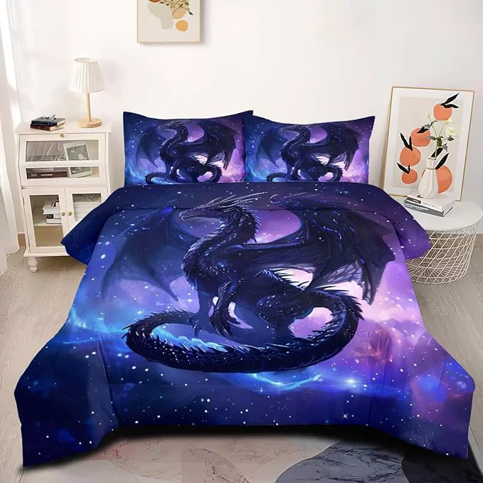 Solid Black Dragons Bedding Set Outer Space Starry Sky Comforter Set Full Size Western Castle Fairy Dragons Comforter 3D Animals Dragon Bed Set for Kids Boys Teens Women Decor Black Purple Pure