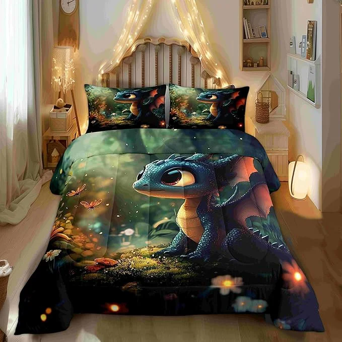 Convenient Castle Fairy Cute Dragon Comforter Set Toddler Size 2 Pcs Mysterious Wild Animals Bedding Set Kawaii Flower Animals Quilt Set for Child Bedroom Duvet Insert 1 Pillowcase Selected