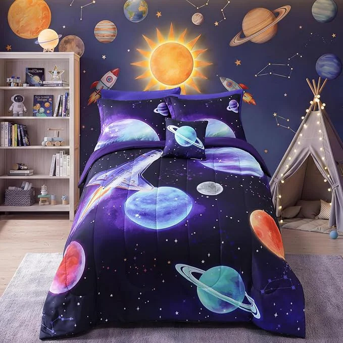 High-Quality Kids Comforter Set Full Size for Boys Rocket Bedding Sets 4 Pieces Bed in A Bag with 1 Comforter 1 Decor Pillow 2 Pillow Shams Certified
