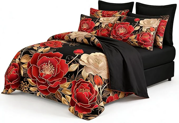 Durable Queen Size Bed in A Bag 7 Piece Comforter Set Vintage Floral Bedding Set for Girls 1 Comforter 90 quot x90 quot 2 Pillowcases 1 Flat Sheet 1 Fitted Sheet 2 Pillowshams Black Red Fine