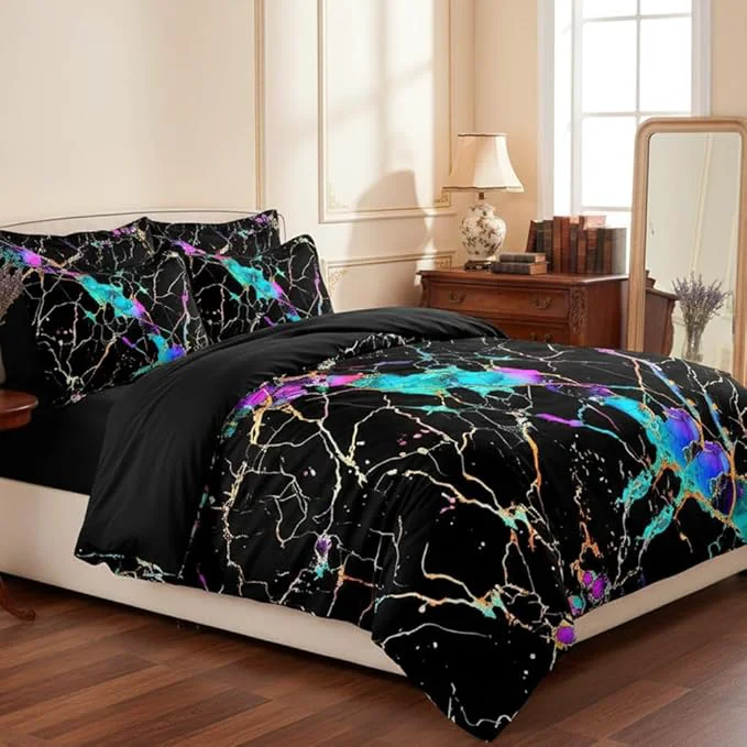 Traditional Black Marble Comforter Set Queen Size Gradient Abstract Line Bedding Set Glowing Marbling Texture Lightweight Down Comforter- 3Pieces Microfiber Bedding for Adult Women Fast