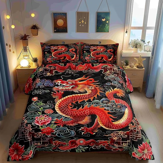 Exceptional Castle Fairy Exotic Chinese Style Bedding Set for Boys Girls Watercolor Flowers All Season Cozy Comforter Set Full Size Chinese Loong Duvet Set Bedroom Decor Personalized Birthday Gifts Durable