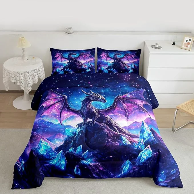 Top-Quality Castle Fairy Dragon Comforter Set King Size Wild Animals Down Adults Bedroom Decor Iceberg Starry Sky Purple Ultra Soft Microfiber Inner Fill 3 Pcs Bedding Carefully Designed