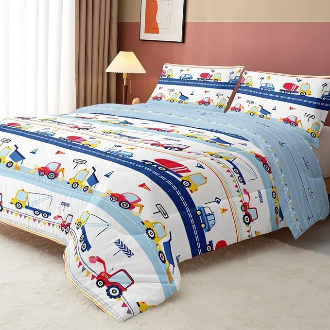 Unique Cartoon Car Kids Comforter Set Twin Construction Bedding Set Equipment Trucks Comforter Excavator Tractor Quilt Set with 1 Comforter 2 Pillowcases for Boys Girls Teens Adults Bedroom Decor Blue Red Natural