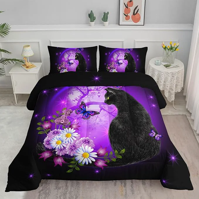 Optimized Black Cat Bedding Cartoon Cat Comforter Set Full Daisy Butterflies Printed Kids Bedding Set for Kids Boys Girls Adults Room Decor Kids Comforter Set All Season 1 Quilt 2 Pillow Cases Eco-Friendly