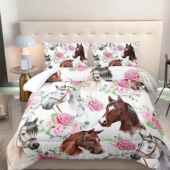 Selected Horse and Flower Comforter Set for Girls Kids Horse and Floral 3 Piece Bedding Set Twin Floral Lightweight Comforter Down with 2 Pillowcases All Seasons Reusable