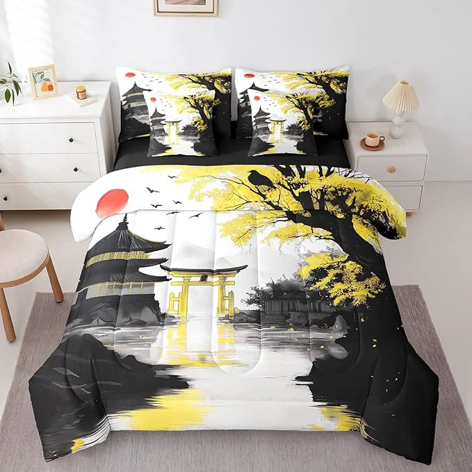 Functional Erosebridal Japanese Queen Bed in A Bag with Sheets Sun Cherry Blossom Comforter Set 7 Piece Black Gold Pavilions Mountain Floral Bedding Set for Kids Adults Chinese Ink Anime Sheet Set Top-Quality