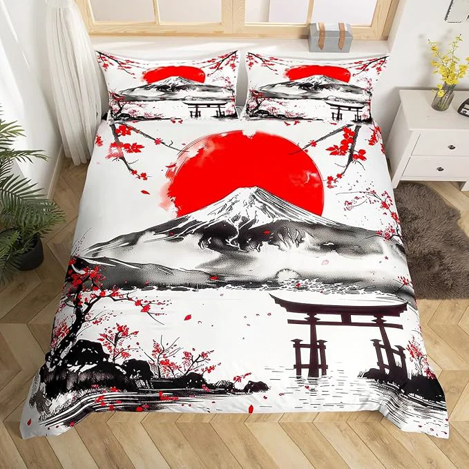 Smart Feelyou Japanese Theme Bedding Set Toddle Size Fujiyama Duvet Cover for Adult Kids Boys Girls Cherry Blossom Comforter Cover Set Natural Landscape Bedspread Cover 2Pcs Zipper Professional