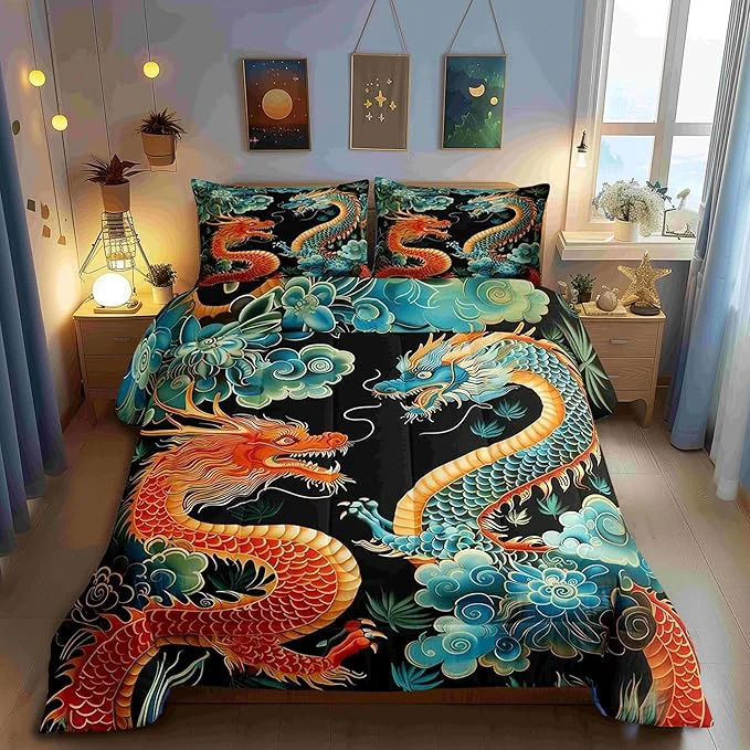 Optimized Castle Fairy Chinese Loong Boys Girls Comforter Set Wild Animals Dragon Duvet Set for Room Decor Propitious Cloud Brushed Microfiber Soft Quilt Cover Full Eco-Friendly