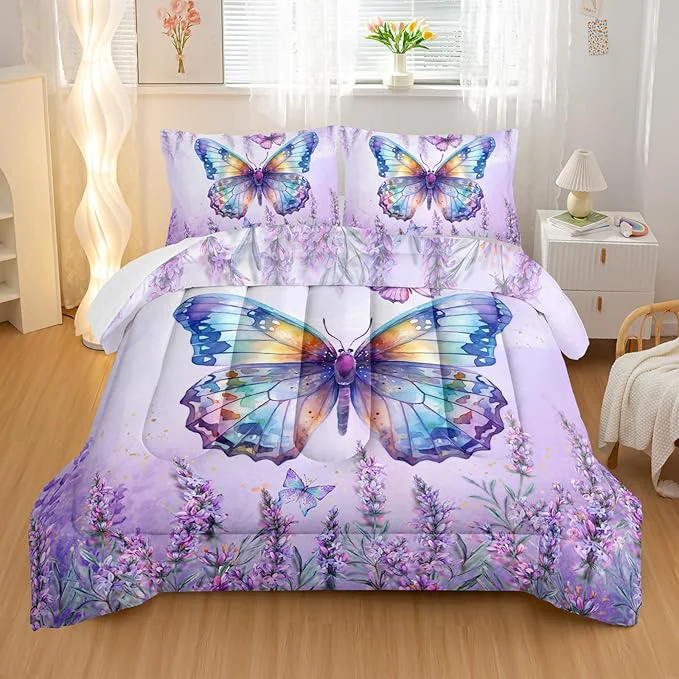 Pure Lavender Comforter Set King Size Violet Flower Butterfly 3 Piece Bedding Set Lightweight Down Spring Violet Bed Comforter and 2 Pillowcases for All Seasons Casual