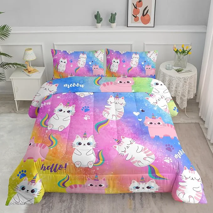 Comfortable Axolotl Cat Bedding Queen Cartoon Cat Comforter Set Rainbow Printed Kids Bedding Set for Girls Kids Adults Teens Kids Comforter Set All Season 1 Quilt 2 Pillow Cases Colorful Pink Blue Detailed