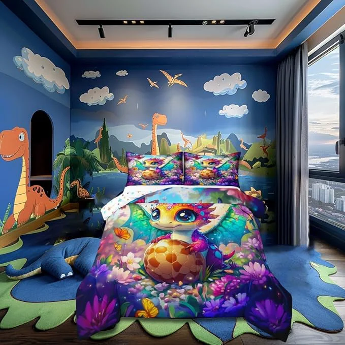 Professional Cartoon Dragon Twin Size Comforter Set Baby Dragon Eggs Quilt Set Soft Bed Collection Watercolor Flowers Butterfly Bedding Comforter for Boys Girls Room Decor 2 Pcs Reusable