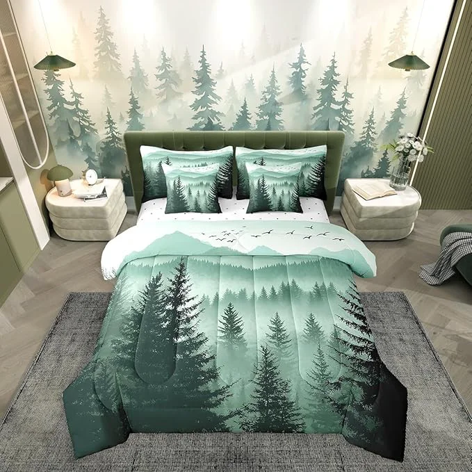 Relaxed Erosebridal Olive Green King Comforter Set with Sheets 7 Piece Mountain Pine Tree Forest Bed in A Bag Rustic Woodland Nature Landscape Bedding Sets for Kids Adults Soft Lightweight Bed Set Fast